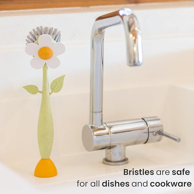 Vigar Florganic Dish Brush with Handle & Built-in Stand - Daisy-Shaped Kitchen Scrub Brush for Dishes and Sink Cleaning, Non-Stick Safe Soft Nylon Bristles, Pot Scrubber, Dishwasher Safe – Multicolor