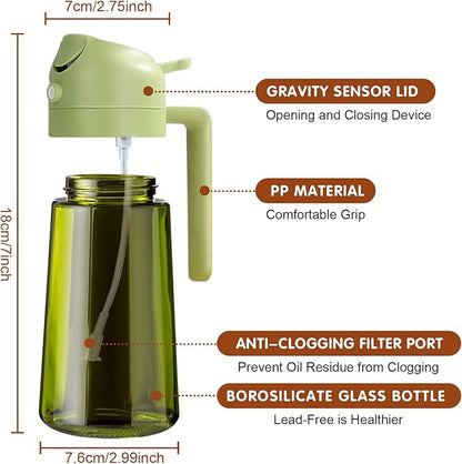 YARRAMATE 16oz/470ml Light Blocking Oil Sprayer for Cooking with Stickers, Food-Grade 2 in 1 Olive Oil Dispenser Bottle for Kitchen, Premium Dark Green Glass Oil Bottle for Air Fryer, BBQ (Green)