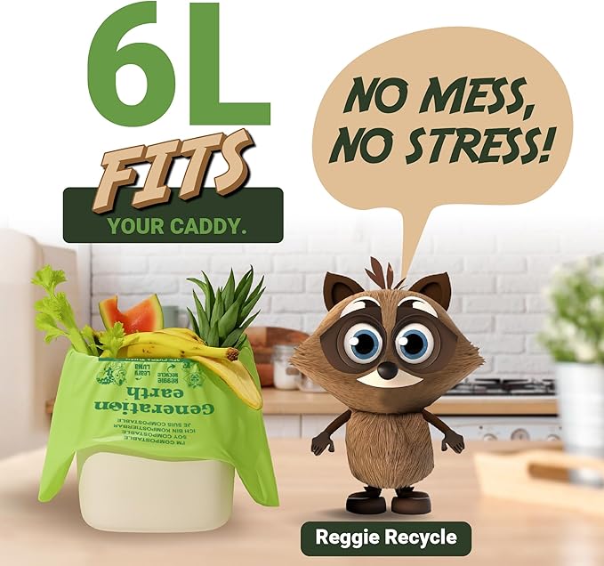120 Bags 1.6 Gallon (6L) | Tie Handle Compostable Food Waste Bags | BPI Certified Kitchen Countertop Compost Bin Liners | Extra Strong Biodegradable Caddy Bags | Generation earth