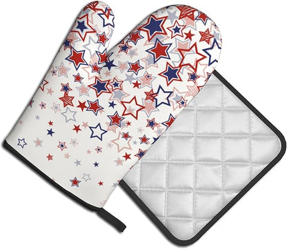 Stars Oven Mitts - Patriotic Kitchen Mitts Pot Holders Red White and Blue Hot Mitts 4th of July Hot Pads Sets of 2 for Cooking Baking Grilling