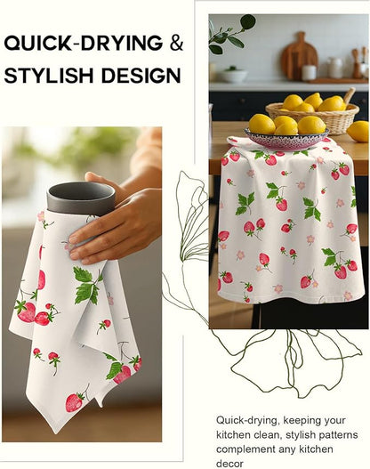 Miss Adola Flour Sack Kitchen Towels - Set of 2 Spring Dish Towels with Hanging Loop 18x26 Inch Absorbent Reusable Cotton Cloths for Cleaning Cute Design Home Decorative Housewarming, Color Strawberry