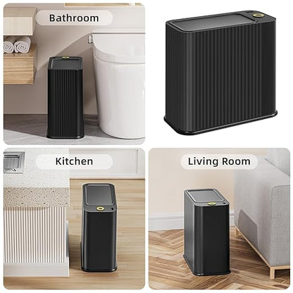 SUBEKYU Bathroom Trash Can with lid,3.5 Gal Small Kitchen Garbage Can,Plastic Office Waste Bin,Slim Wastebasket for Narrow Space,Black