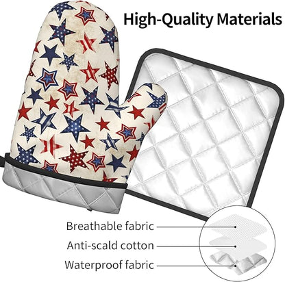 Patriotic Stars Oven Mitts - 4th of July Kitchen Mitts Pot Holders Sets of 2 Red White and Blue Hot Mitts Independence Memorial Day Hot Pads for Cooking Baking Grilling