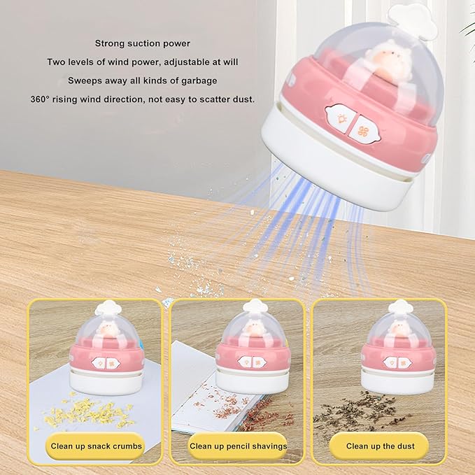 Desktop Vacuum Cleaner, Handheld Mini USB Cute Animal Cartoon Cleaner, Table Dust Sweeper Brush with Night Light, for Pencil Eraser Shavings Keyboards Office Accessory (Pink)