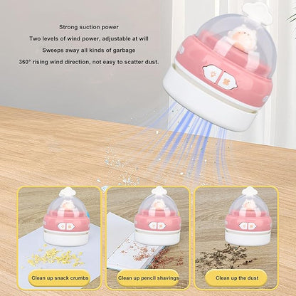 Desktop Vacuum Cleaner, Handheld Mini USB Cute Animal Cartoon Cleaner, Table Dust Sweeper Brush with Night Light, for Pencil Eraser Shavings Keyboards Office Accessory (Pink)