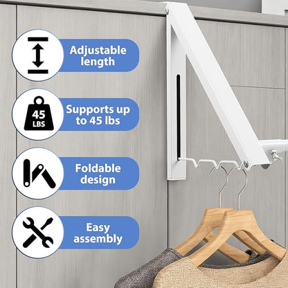 Over The Door Hanger, Foldable Over The Door Drying Rack with 20"-32" Expandable Width, Space Saving Doors Clothes Hanger for Laundry, Bathroom, Apartment, Fits Doors up to 1-1/4”, Metal, White