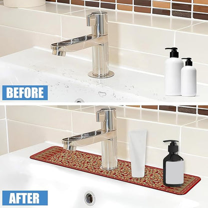 Sink Splash Guard Faucet Mat Red Retro Boho Flowers Absorbent Fast Drying Mat Sink Gadgets Splash Guard Behind Faucet Drip Catcher for Kitchen Bathroom 23.5"X5.5"