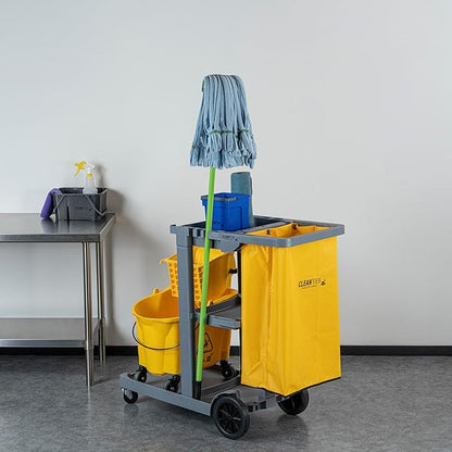 Restaurantware-Clean Tek Professional Janitor Cart with Wheels, 1 Cleaning Trolley with 18 Gallon Bag - 3 Shelves, Heavy-Duty, Gray Plastic Commercial Janitorial Cart, for Restaurants
