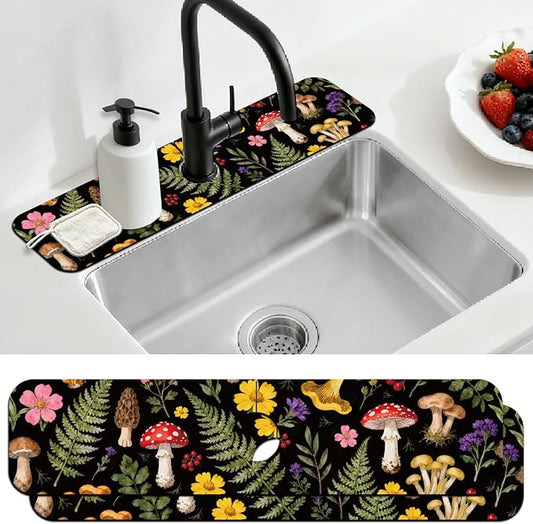 2 Pcs Kitchen Sink Splash Guard Faucet Mats Colorful Mushrooms and Flowers Pattern Faucet Mat for Sinks Leaves Absorbing Drying Mat for Kitchen Bathroom, 23.6x5.5inch