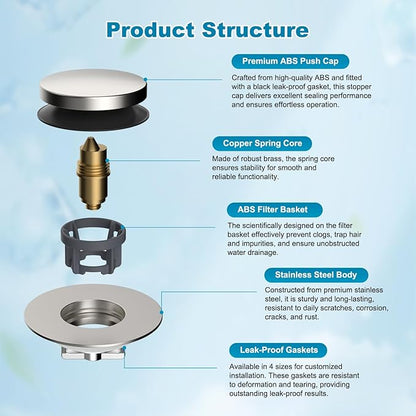 Hibbent 2 Pack 3 in 1 Metal Bathtub Drain Stopper, Universal Pop Up Tub Stopper with Removable Filter Basket, Bathtub Hair Catcher for 1.5''~2.4'' Drain, Brass Bullet Core, Brushed Nickel