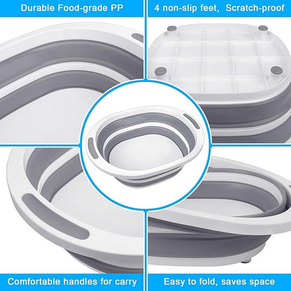 Collapsible Wash Basin, 7.5L Dish Tub Sink Basin Folding Dish Pans for Kitchen Sink, 2-in-1 Dishpan + Cutting Board, Portable Sink Dish Basin for Camping BBQ Prep Tub Washing Bin with Drain Plug + Lid