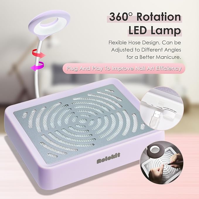 Nail Dust Collector with Lamp&50pcs Disposable Filter&Dusting Brush, Electric Nail Vacuum Cleaner Dust Fan Suction Machine for Manicure Acrylic Gel Nails Polishing, Low Noise, Salon Home
