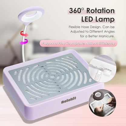 Nail Dust Collector with Lamp&50pcs Disposable Filter&Dusting Brush, Electric Nail Vacuum Cleaner Dust Fan Suction Machine for Manicure Acrylic Gel Nails Polishing, Low Noise, Salon Home