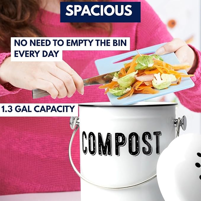 Granrosi Countertop Compost Bin Kitchen, 1.3 Gallon Stainless Steel Indoor Compost Bucket with Lid – Farmhouse Design, Odorless & Rust-Free Counter Pail with Carry Handle and 3 Charcoal Filters