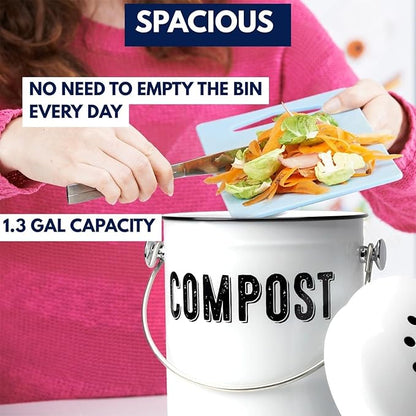 Granrosi Countertop Compost Bin Kitchen, 1.3 Gallon Stainless Steel Indoor Compost Bucket with Lid – Farmhouse Design, Odorless & Rust-Free Counter Pail with Carry Handle and 3 Charcoal Filters