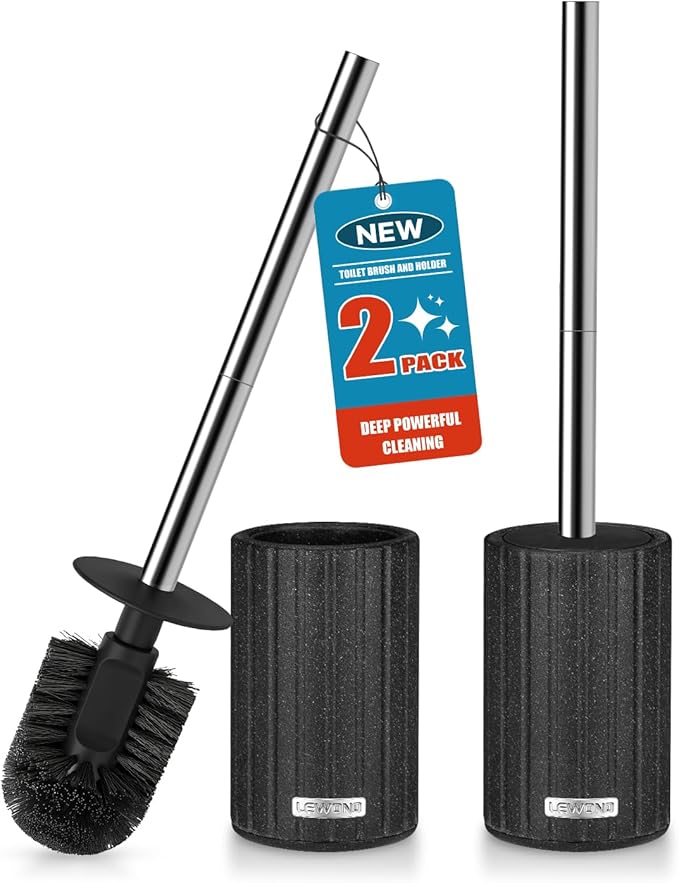 2 Pack Toilet Bowl Brush and Holder, Durable Toilet Scrubber Bristles, Long Stainless Steel Handle, Ceramic Texture Toilet Brush and Holder Set, Deep Cleaning Toilet Brush for Bathroom, Black
