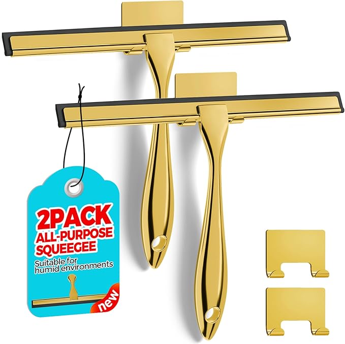 ALFLOD 2PACK All-Purpose Shower Squeegee for Shower Doors, Bath Linen Sets, Tile Shower Walls, Bathroom, Window, Glass and Car Windshield, Mirrors and Kitchen-Stainless Steel,9.8 inch Golden