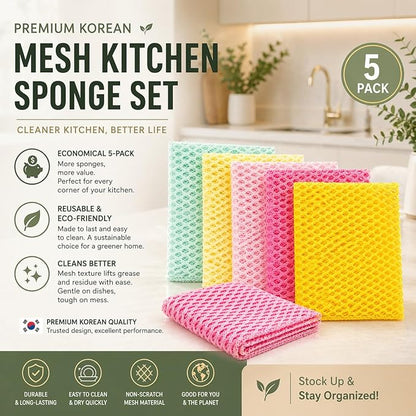 OliviaTree Dish Scrubber 5 Pack, Non Scratch Reusable Mesh Scrub Cloth for Washing Dishes Pots Pans Sink, Quick Dry Odor Resistant Sponge Alternative, Korean Kitchen Cleaning Pad 11 x 11 Inch