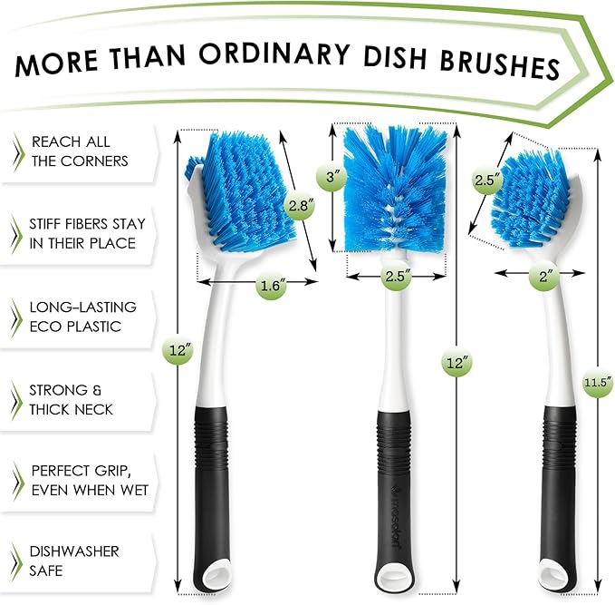 MOSOLAN Dish Brush Set of 3 with Water Bottle Brush, Dish Scrub Brush and Scrubber Brush, Long Handle Kitchen Scrub Brushes for Dishes, Bottles, Cups, Pots, Pans and Sinks, Flat Head