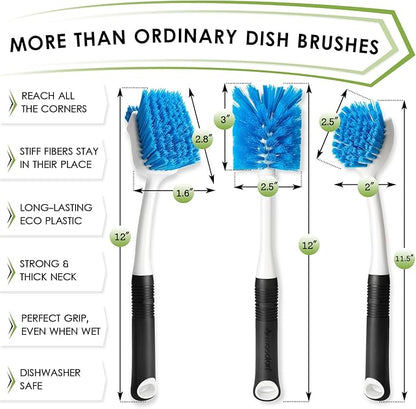 MOSOLAN Dish Brush Set of 3 with Water Bottle Brush, Dish Scrub Brush and Scrubber Brush, Long Handle Kitchen Scrub Brushes for Dishes, Bottles, Cups, Pots, Pans and Sinks, Flat Head