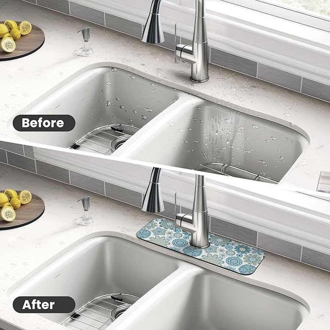Mandala Boho Blue Flower 15" X 5.5" Kitchen Sink Splash Guard Faucet Faucet Guard Draining Mat Sink Splash Guard Faucet Kitchen Bathroom