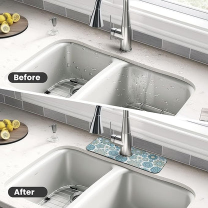 Mandala Boho Blue Flower 15" X 5.5" Kitchen Sink Splash Guard Faucet Faucet Guard Draining Mat Sink Splash Guard Faucet Kitchen Bathroom
