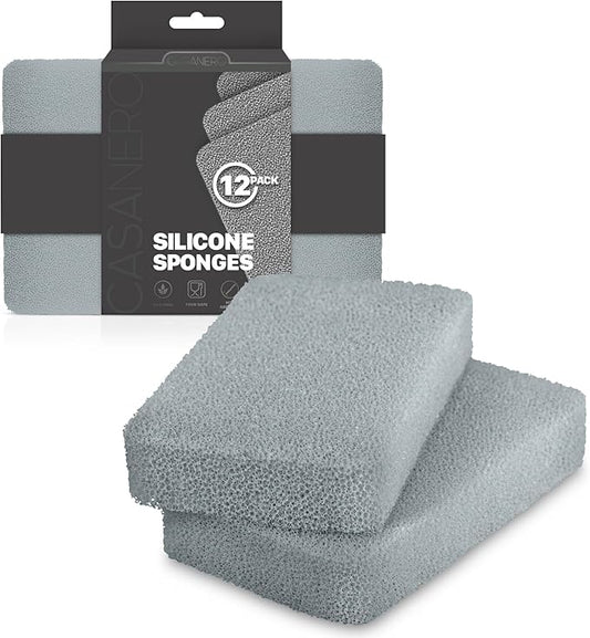 Casanero 12 Pack Silicone Dish Sponges, Heavy Duty Non Scratch Sponges for Dishwashing, Reusable Household Cleaning Sponges for Kitchen, Countertop, Bathroom, Non Stick Cookware or Car