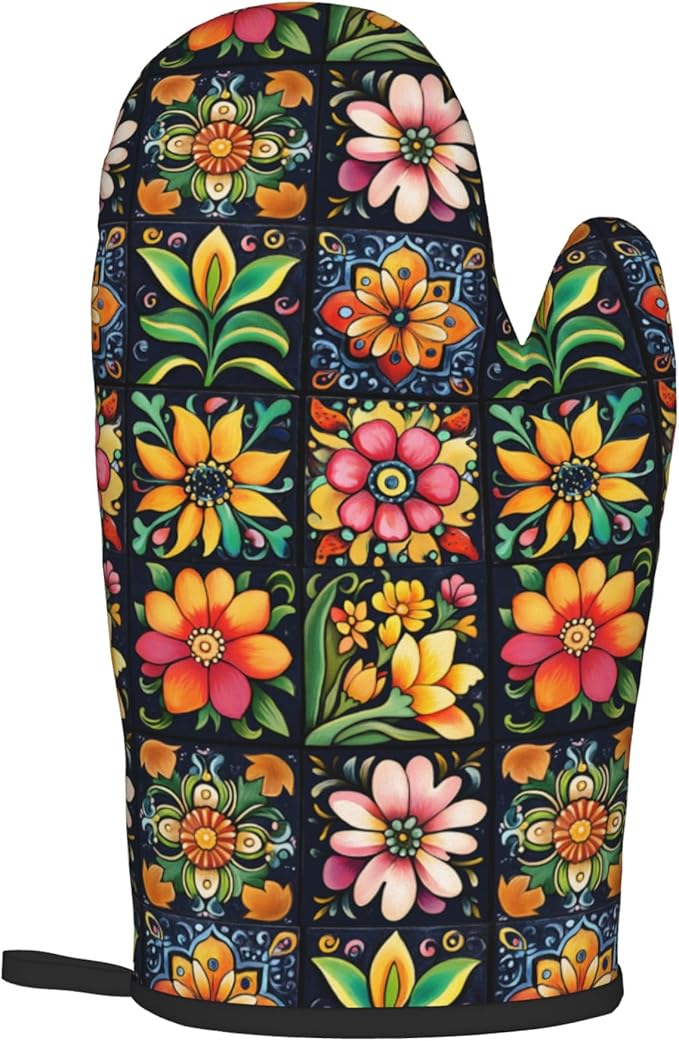 Mexican Oven Mitts and Pot Holders - Colorful Flowers Kitchen Mitt Sets of 2 Boho Oven Gloves Hot Pads for Cooking Baking Grilling
