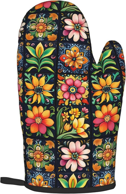 Mexican Oven Mitts and Pot Holders - Colorful Flowers Kitchen Mitt Sets of 2 Boho Oven Gloves Hot Pads for Cooking Baking Grilling