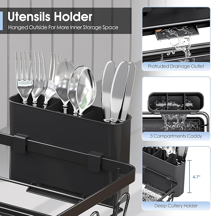 Urackify Dish Drying Rack for Kitchen Counter, Sink Dish Rack with Drainboard 12.2" W x 16.5" L, Large Dish Drainer with Cutlery Holder, Home Countertop Plate Dryer Storage Rack, Black