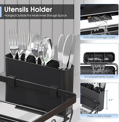Urackify Dish Drying Rack for Kitchen Counter, Sink Dish Rack with Drainboard 12.2" W x 16.5" L, Large Dish Drainer with Cutlery Holder, Home Countertop Plate Dryer Storage Rack, Black