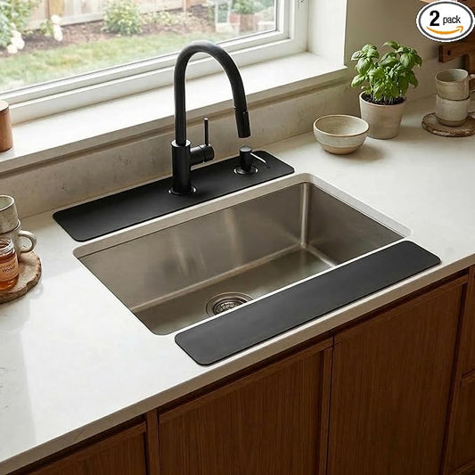 2PCS Customizable Faucet Mat for Kitchen Sink: 30"L x 5.5"W Quick Drying Kitchen Sink Mat & Bathroom Counter Protector - Cut to Fit with 2 or 3 Hole Faucet Design - Extra Long Absorbent Splash Guard