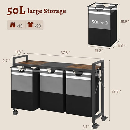 FAVOOSTY Laundry Sorter with Shelf,Laundry Basket Organizer,Laundry Hamper with Shelf, 3 ×11 Gal（50L）3 Section Laundry Sorter with Pull-Out Removable Oxford Fabric Bags and Movable Wheels Grey Black