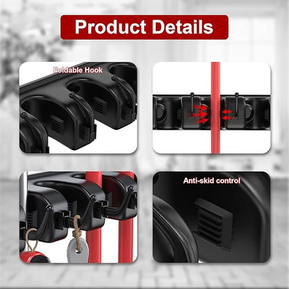 LETMY Broom Holder Wall Mount - Mop and Broom Hanger Holder - Garage Storage Rack & Garden Tool Organizer - 5 Position 6 Hooks Broom Rack for Home, kitchen, Garden, Tools, Garage Organization - Black