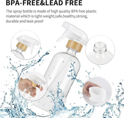 HOMBYS Empty Bamboo Glass Spray Bottles with Silicone Sleeve Protection - Refillable 17 oz Clear Glass Containers for Cleaning Solutions, Essential Oils, Misting Plants - Quality Sprayer - 3 Pack