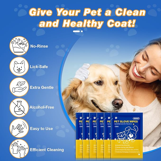 Pet Glove Wipes for Dogs and Cats, Deodorizing Cleaning Gloves, Hypoallergenic Coconut Oil Grooming Wipes, Individually Wrapped, for Pet Dry Cleaning, Daily Care and Travel, 18 Pcs