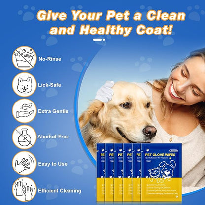 Pet Glove Wipes for Dogs and Cats, Deodorizing Cleaning Gloves, Hypoallergenic Coconut Oil Grooming Wipes, Individually Wrapped, for Pet Dry Cleaning, Daily Care and Travel, 9 Pcs