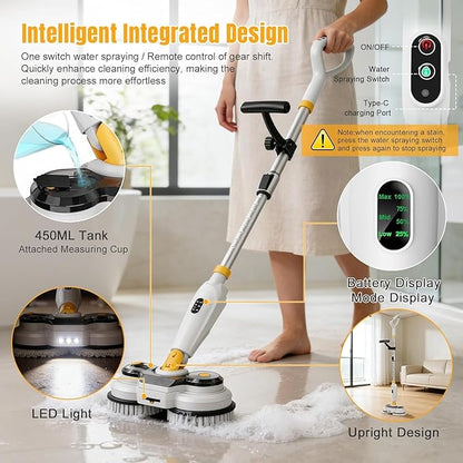 Cordless Electric Mop for Dewalt 20V Battery (NO Battery), 2 in 1 Spin Mop & Electric Floor Scrubber Machine with LED Light & Water Spray, 800 RPM Rotating Electric Mops for Floor (White Yellow)