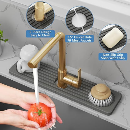 24'' Longer Stone Faucet Mat for Kitchen Sink [Super Absorbent, 30s Quick Drying] Water Absorbing Stone Tray for Sink Stone Mat for Kitchen Sink Stone Quick Dry Around Faucet Diatomite Stone Sink Tray