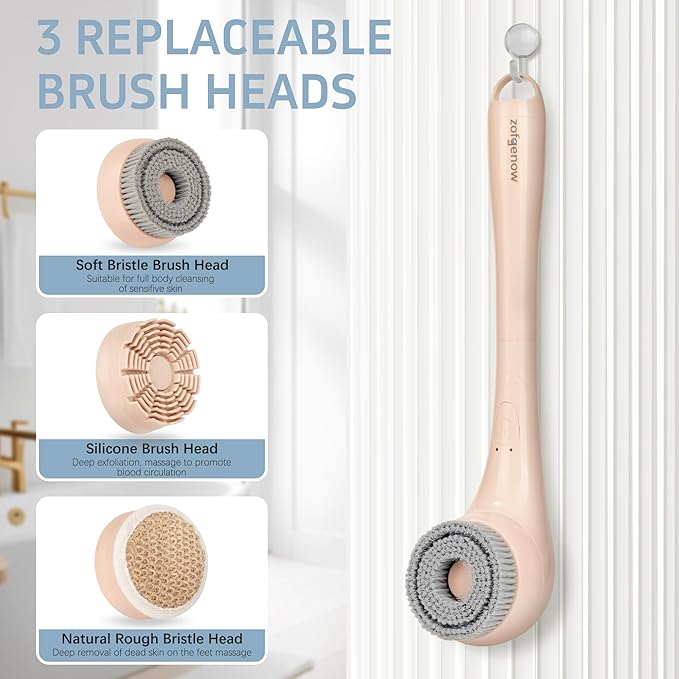 ZOFGENOW Electric Body Brush, Waterproof Back Scrubber for Shower with Long Handle and 3 Heads, Rechargeable Exfoliating Brush for Body and Foot, Deep Cleansing Massager, Pink