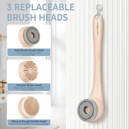 ZOFGENOW Electric Body Brush, Waterproof Back Scrubber for Shower with Long Handle and 3 Heads, Rechargeable Exfoliating Brush for Body and Foot, Deep Cleansing Massager, Pink