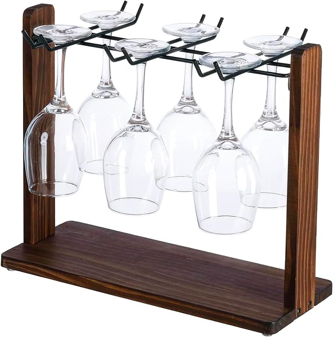 MyGift Tabletop Wine Glass Drying Rack, Champagne Flute Holder, Countertop Stemware Stand for Goblets, Modern Burnt Brown Solid Wood and Matte Black Metal Wire