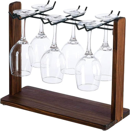 MyGift Tabletop Wine Glass Drying Rack, Champagne Flute Holder, Countertop Stemware Stand for Goblets, Modern Burnt Brown Solid Wood and Matte Black Metal Wire