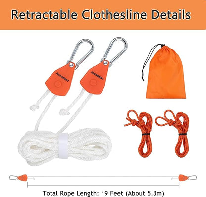 Retractable Clothesline Outdoor Indoor, Portable Travel Clothes Line Heavy Duty Ratchet Pulley with Carabiners, 19FT Laundry Drying Lines for Camping, Cruise, Backyard, Balcony, Dormitory