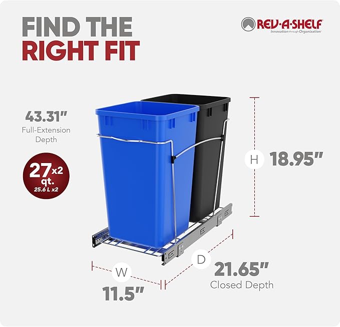 Rev-A-Shelf Double 27 Qt Pullout Trash Can for Base Kitchen Cabinets, Garbage Waste & Recycling Bin System with Full Extension Slides, Min Opening Width of 11.5", Blue/Black, RV-15KD-2218C-S