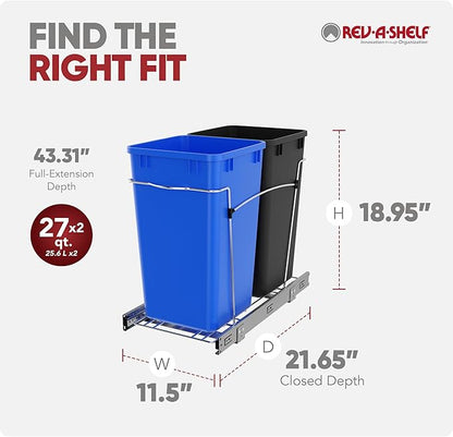 Rev-A-Shelf Double 27 Qt Pullout Trash Can for Base Kitchen Cabinets, Garbage Waste & Recycling Bin System with Full Extension Slides, Min Opening Width of 11.5", Blue/Black, RV-15KD-2218C-S