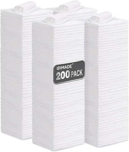UNIMADE Shop Towel Rag, 200 Pack Reusable Rags Bulk Microfiber Cleaning Cloth Lint Free Towels for Car Kitchen Automotive Bar Mechanic Restaurant Garage, 11.5"x 11.5", White