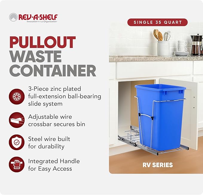 Rev-A-Shelf Pullout Trash Can for Under Kitchen Cabinets 35 Qt Garbage Waste Recyling Bin with Full Extension Slides, Blue, RV-12KD-22C-S