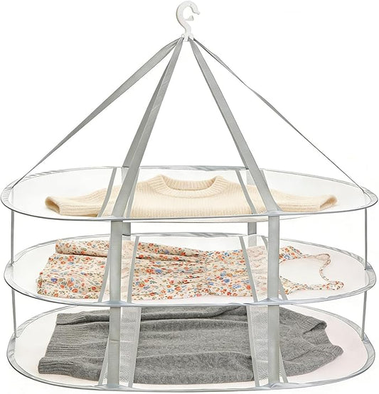 3-Tier Folding Mesh Clothes Drying Rack, Hanging Sweater Dryer for Laundry, Large Foldable Flat Dry Hanger, Portable Mesh Clothes Drying Net for Delicate Garments