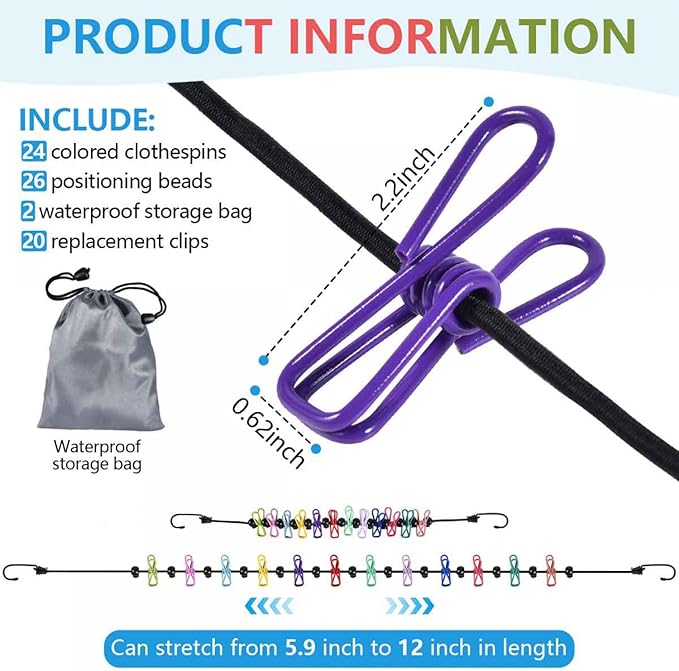 SenseYo 2 Set Retractable Portable Clothesline for Travel with 44 Clothespins, Camping Clothes line for Indoor Outdoor Balcony Hotel Room Laundry Drying